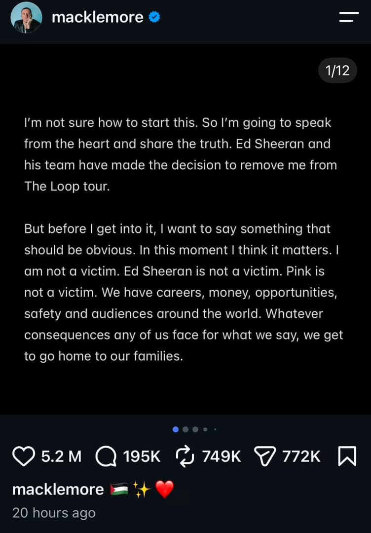 Macklemore’s Palestine Statement Goes Viral as Instagram Post Surpasses 5 Million Likes
